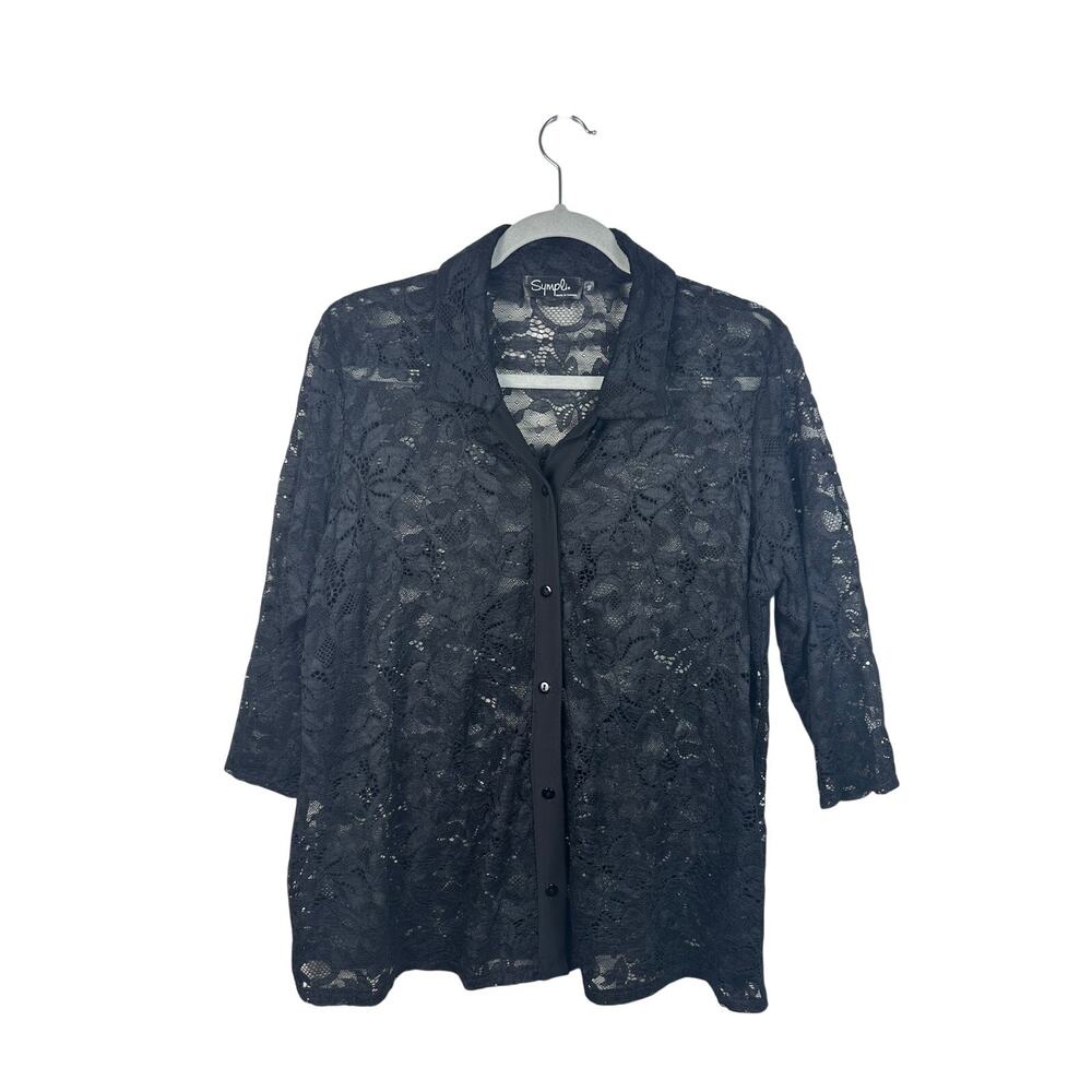 Sympli Blouse Womens Size 10 Black Excellent Sheer Lace Button Up Travel Top